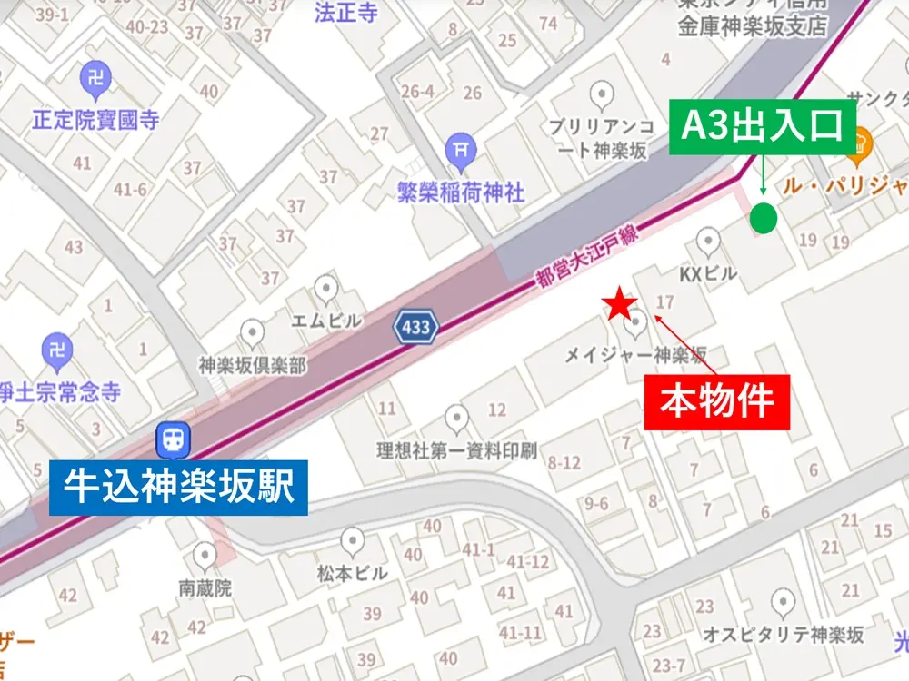 牛込神楽坂の居抜き店舗の地図