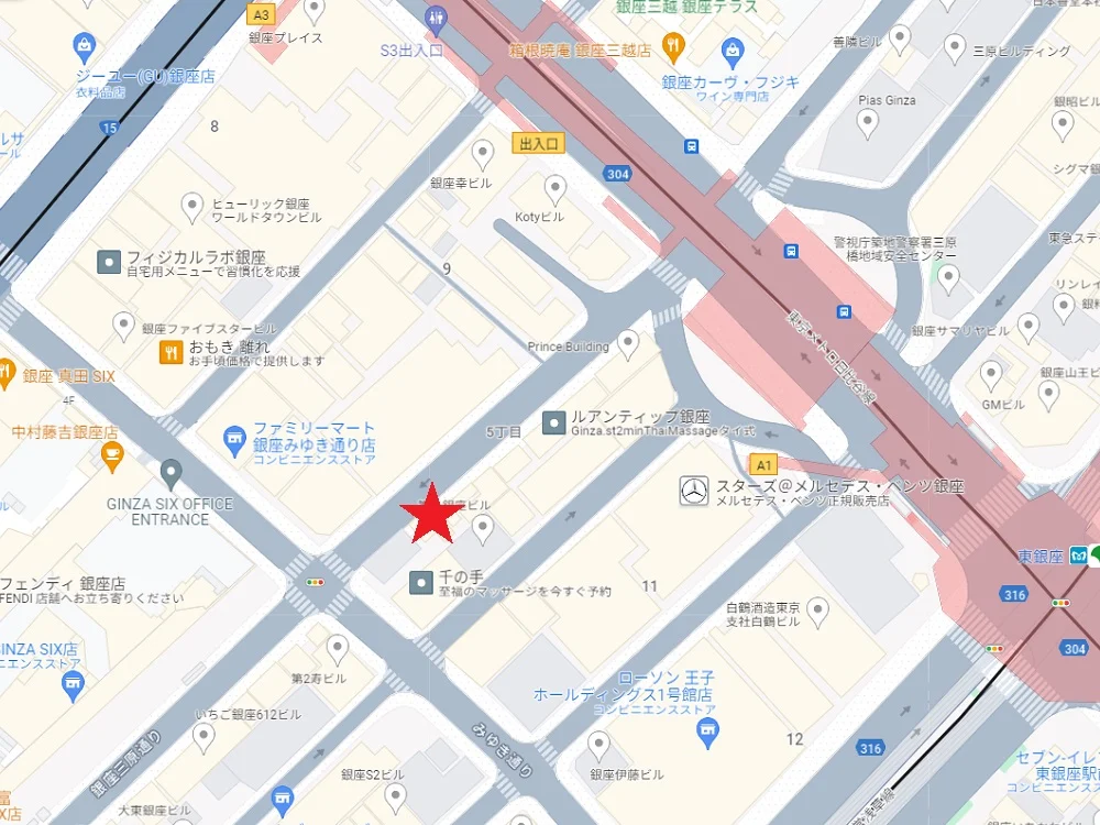 銀座のスケルトン店舗物件の地図