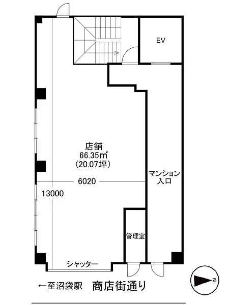 沼袋のスケルトン店舗物件の平面図