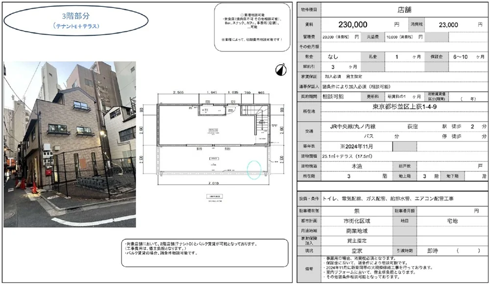 荻窪のスケルトン店舗物件のその他