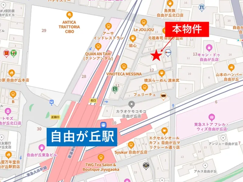 自由が丘のテイクアウト居抜きの地図