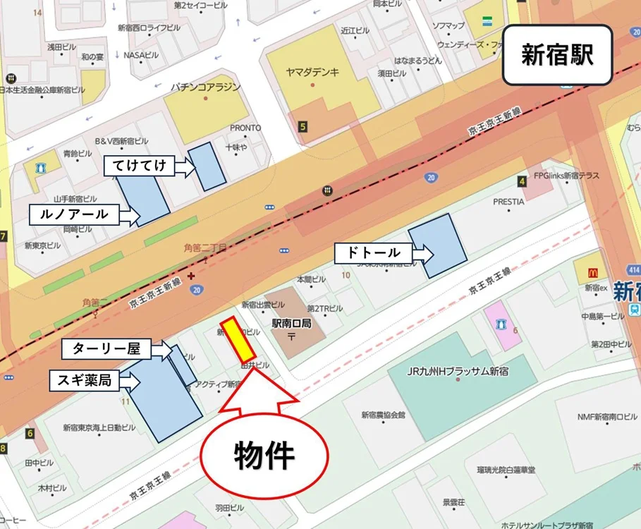 新宿の事務所仕様店舗物件の地図