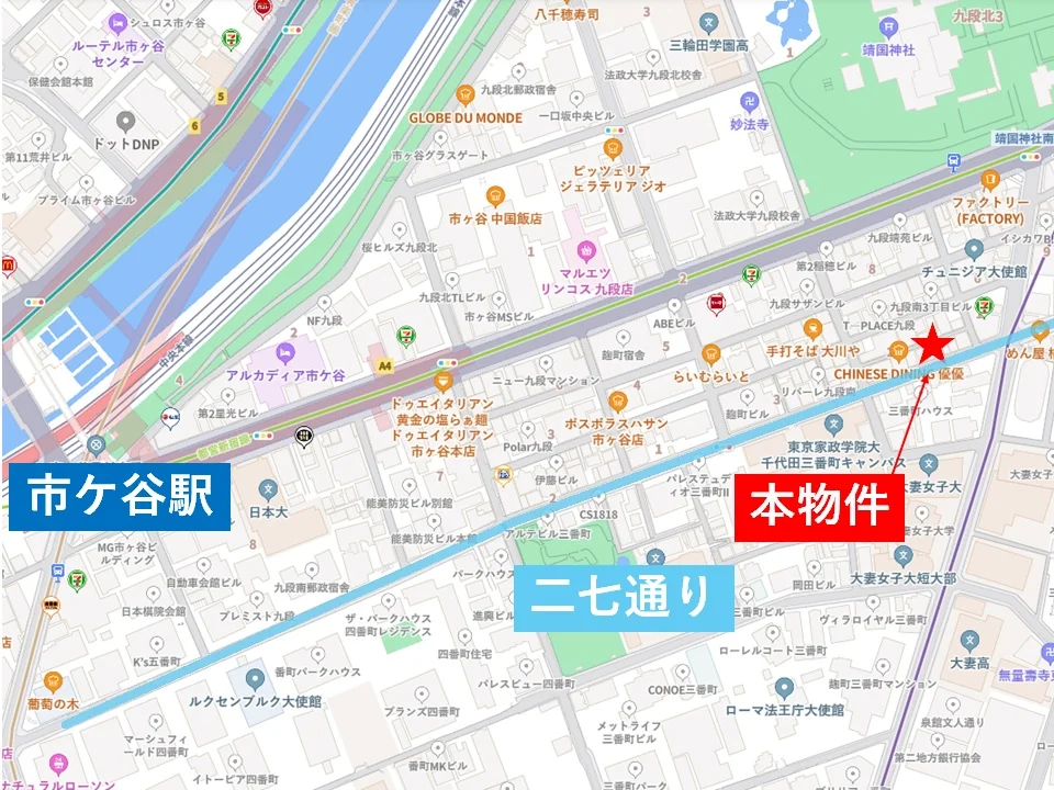 市ヶ谷の居抜き店舗の地図