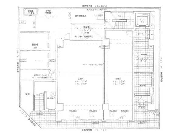 日本大通りのスケルトン店舗物件の平面図