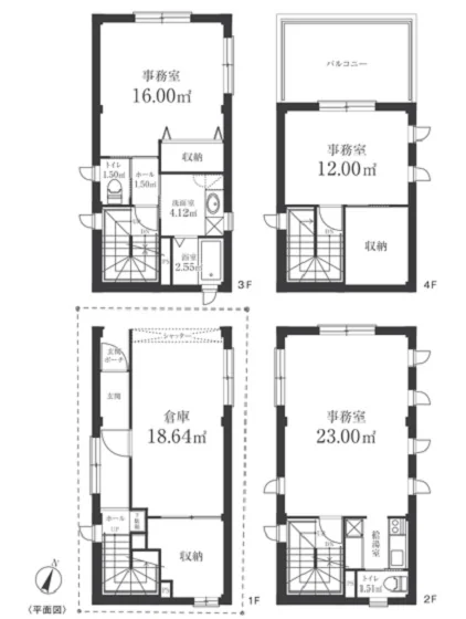 浜町の事務所仕様店舗物件の平面図