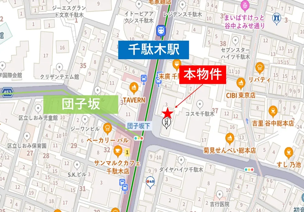 千駄木のスケルトン店舗物件の地図