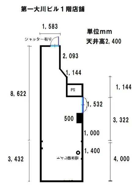 新橋のスケルトン店舗物件の平面図