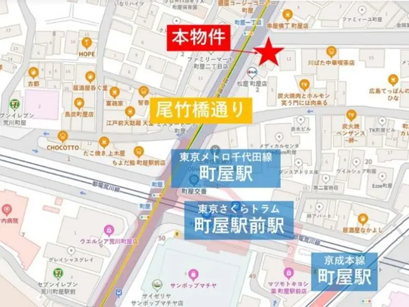 町屋のスケルトン店舗物件の地図