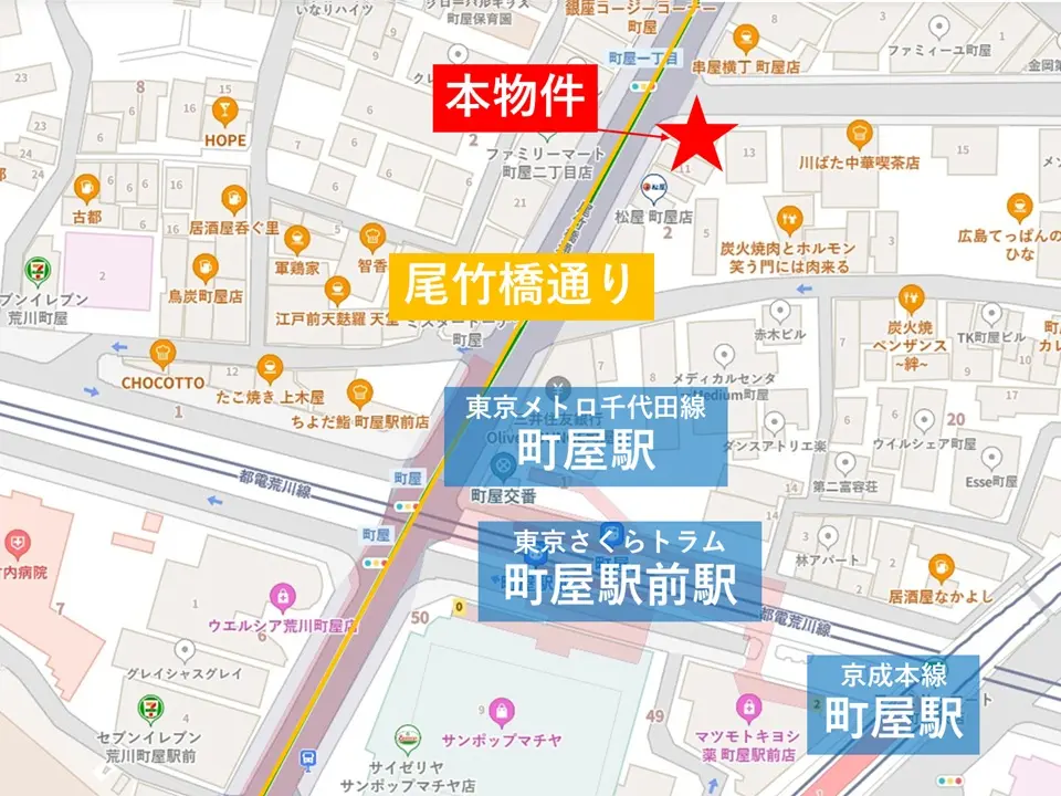 町屋のスケルトン店舗物件の地図