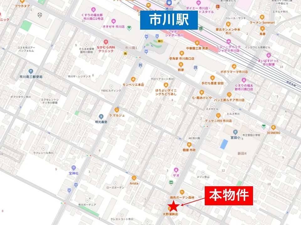 市川の居抜き店舗の地図