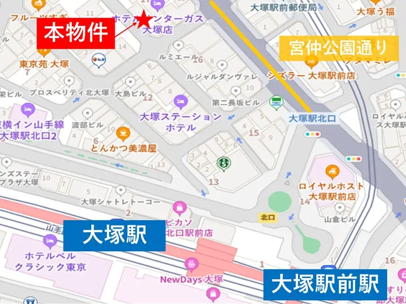 大塚のスケルトン店舗物件の地図