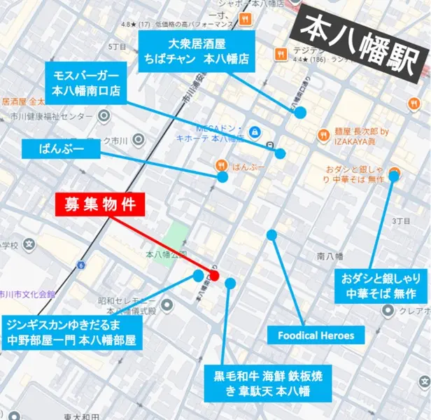 本八幡のうどん・そば居抜きの地図